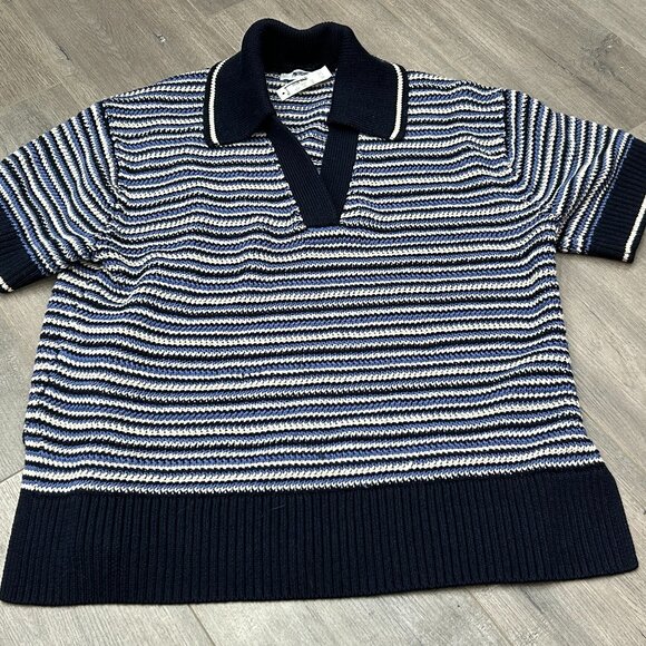 NWT Madewell Navy Blue Striped Johnny-Collar Sweater Tee Size Small - Picture 3 of 8